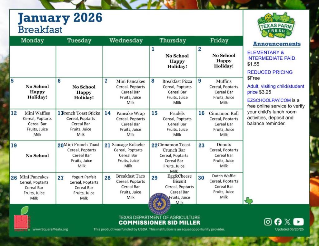 A menu providing breakfast options for the month of January